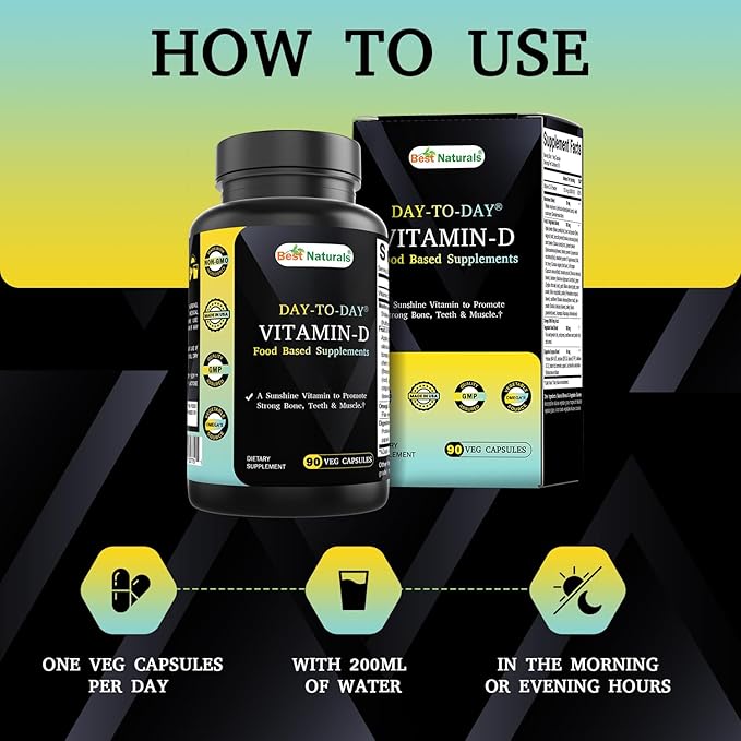 Best Naturals Day-to-Day Vitamin D 5000 IU 90 Veg Capsules - Made with Mushroom Blend, Fruit Vegetable Blend, Omega 3-6-9 Blend, & Digestive Blend