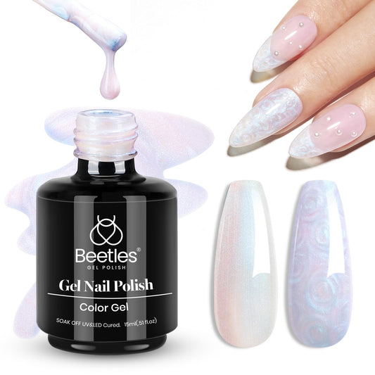 Beetles Pearl Gel Nail Polish, 15ML Pearl White Gel Polish Shimmer Mermaid Iridescent Pearlescent Nail Polish Soak Off Uv LED Nail Lamp Need Manicure Salon DIY Nail Art Design