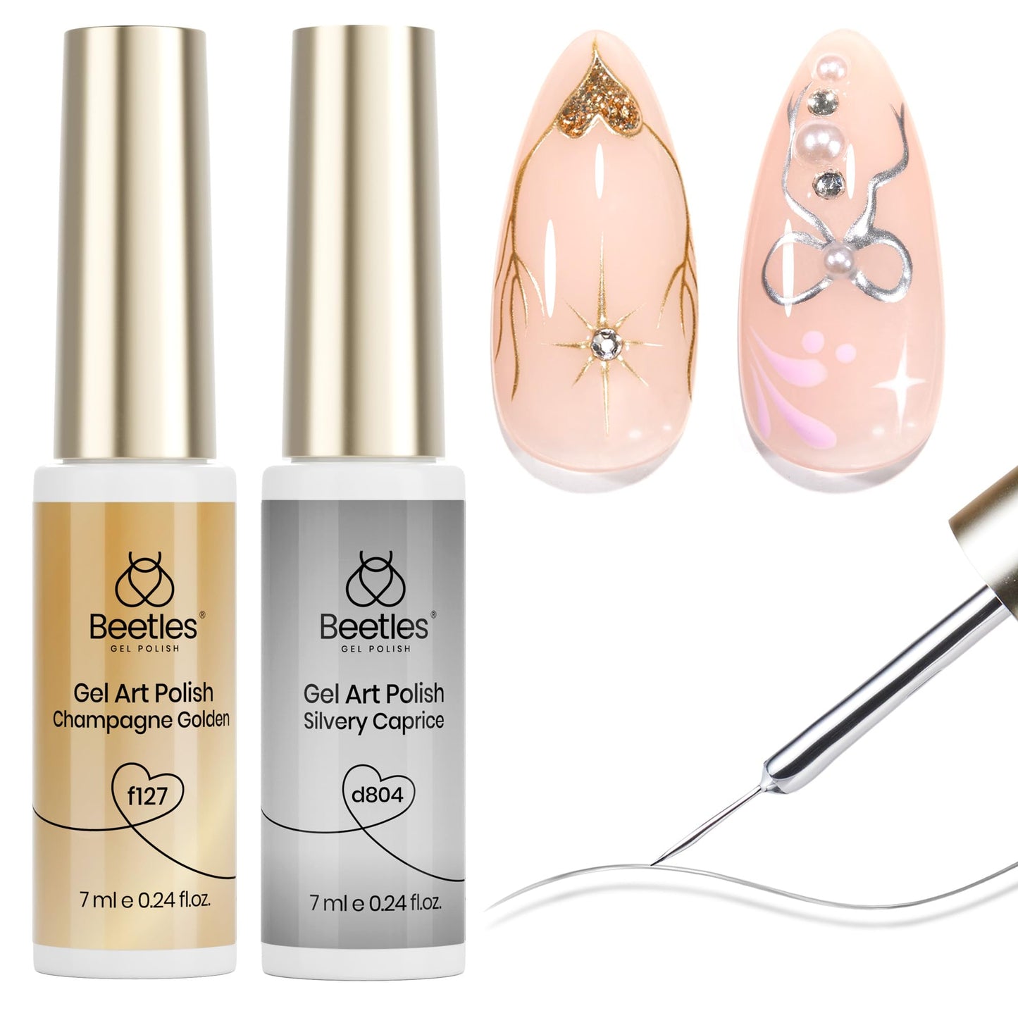 Beetles Metallic Gel Nail Polish Liner Set Silver Bronze Gold 2pcs Gel Liner Nail Art Chrome 3D High-Gloss Effect for Nail Paint Design with Thin Brush DIY French Manicure Curing Requires at Home