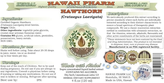 Hawthorn Alcohol-Free Liquid Extract, Hawthorn (Crataegus Laevigata) Dried Leaf and Flower Glycerite Hawaii Pharm Natural Herbal Supplement 2x4 oz