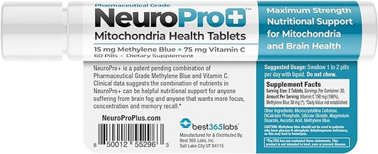 Best 365 Labs NeuroPro+ Maximum Strength Mitochondria Health Tablets - Methylene Blue and Vitamin C - Fast Acting Neuro Support - Improve Focus and Memory - 60 Tablets