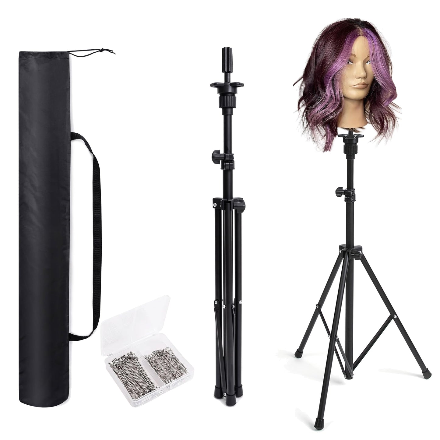 Goodofferplace Tall Wig Tripod Stand,Metal Mannequin Head Stand Adjustable for Mannequin Head,Training Canvas Block Head,for Styling,Wig Making Displaywith Carrying Bag,30 Pcs T-Pins(35.4-52.4 Inch)