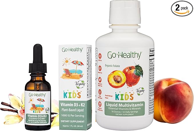 Go Healthy Multivitamin Liquid (1 Bottle) and Vitamin D3 K2 Drops (1 Bottle) for Kids, Toddlers, Teens, Vegan and Vegetarian, Gluten Free, Non-GMO Bundle