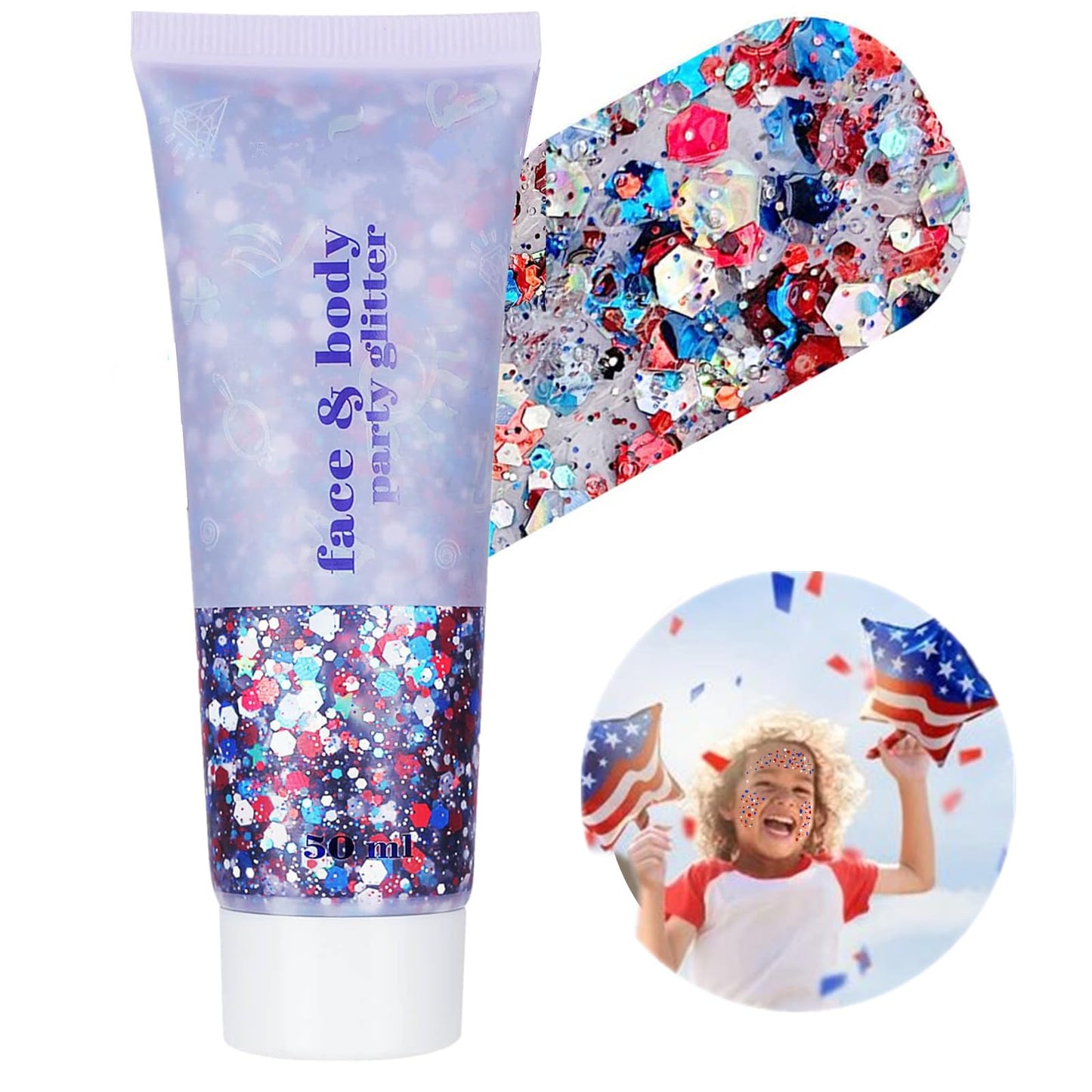 Go Ho Red White and Blue Body Glitter,USA Flag Pride Face Glitter,4th of July Outfits for Women Reflective Glitters Makeup,Holographic Long Lasting Chunky Sequins,Fourth of July Accessories
