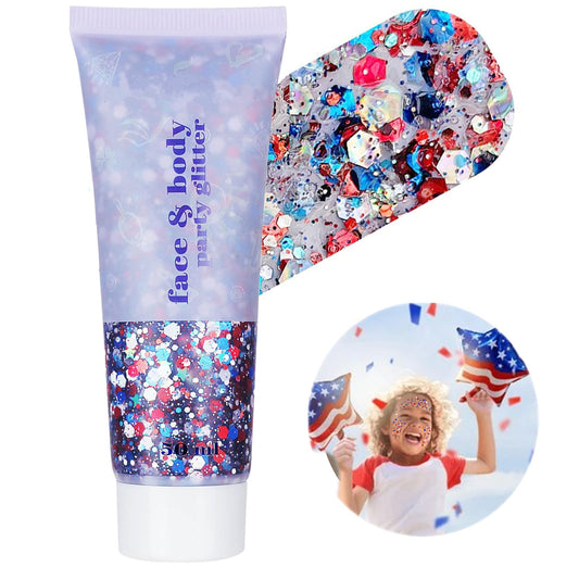 Go Ho Red White and Blue Body Glitter,USA Flag Pride Face Glitter,4th of July Outfits for Women Reflective Glitters Makeup,Holographic Long Lasting Chunky Sequins,Fourth of July Accessories