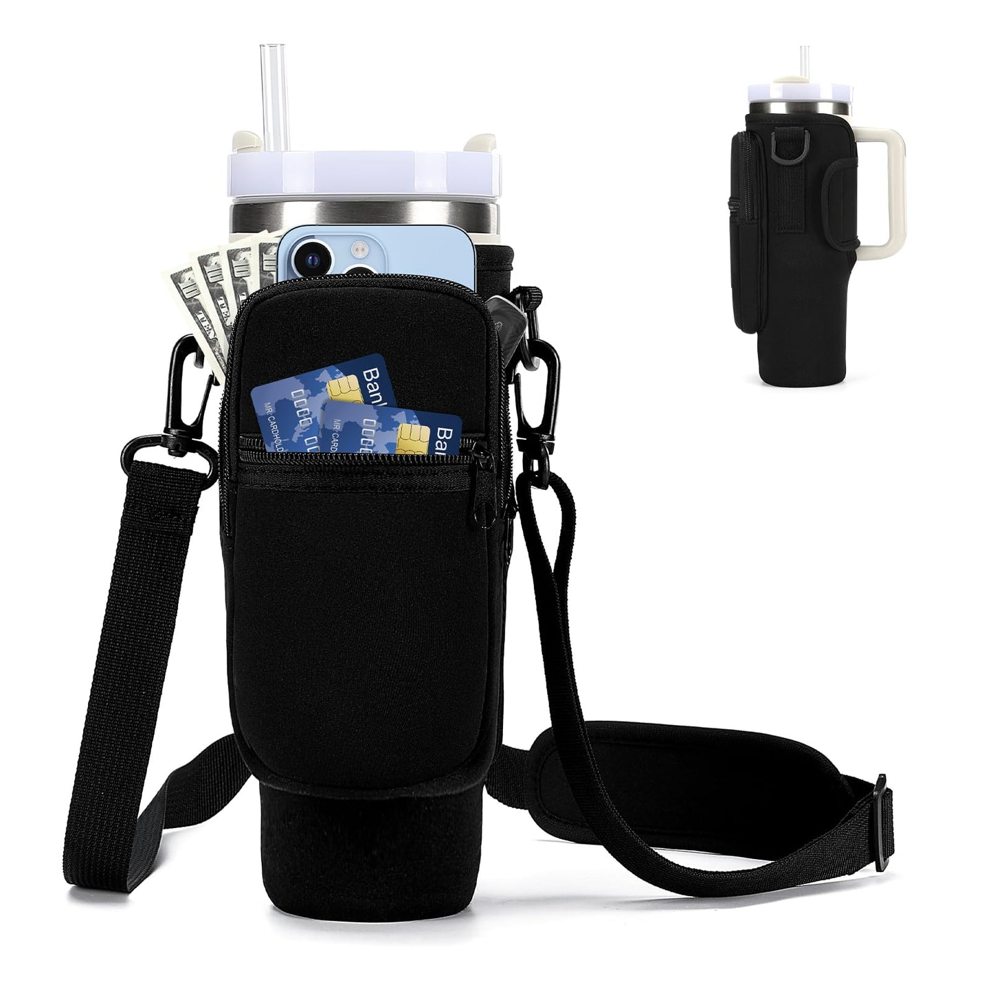 GOEWY Water Bottle Carrier Bag for Stanley 30oz Tumbler with Phone Pocket Water Bottle Holder with Strap Neoprene Water Bottle Pouch for Stanley Cup Accessories