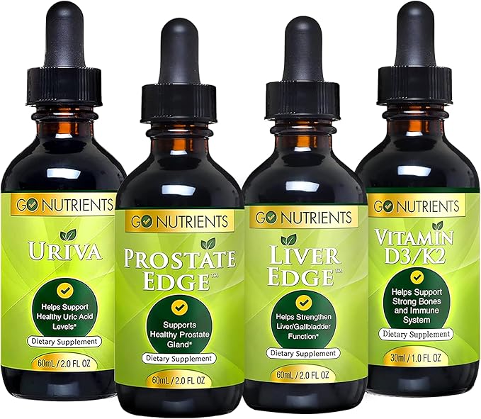 Go Nutrients Men's Health Bundle - Vitamin D3/K2, Liver Edge, Prostate Edge, Uriva – Comprehensive Support for Bone, Liver, Prostate, and Uric Acid Health – Boosts Energy, Vitality, and Body Defense