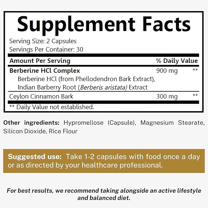Berberine 1200mg HCL Plus Ceylon Cinnamon Capsules - Metabolic & Immune Support Berberine Supplement, AMPK Metabolic Activator Complex, Cardiovascular Support - Berberine HCL 1200 mg Capsules