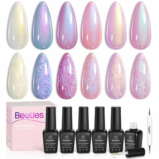 Beetles Pearl Gel Nail Polish, 6 Colors Shimmer Pearl White Pink Purple Mermaid Nail Drawing Gel Polish Soak Off Uv Gel Polish Swirl Shell Thread Effect DIY Manicure Gift for Women