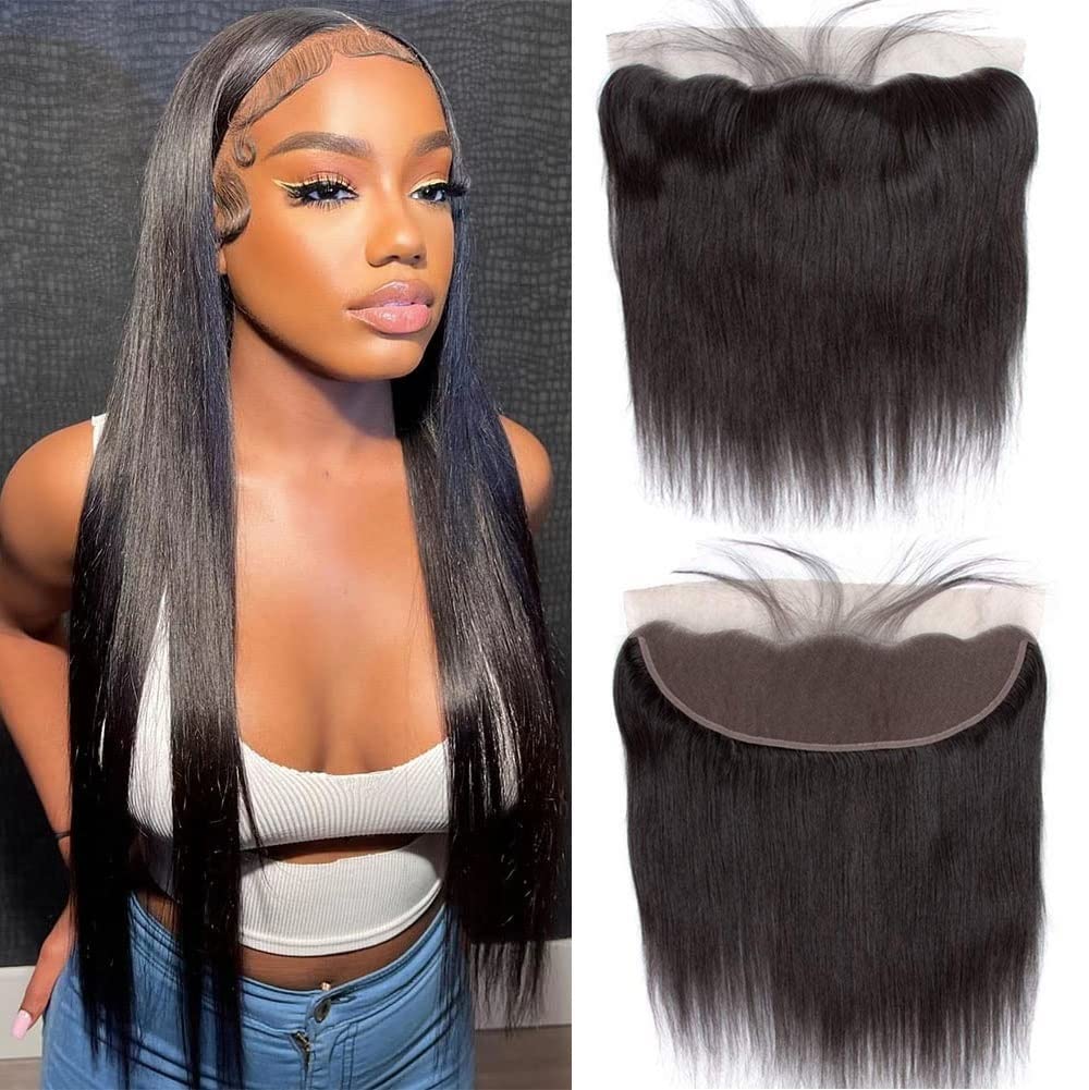 Lace Frontal Closure 13x4 Ear to Ear Lace Frontal 14 Inch Brazilian Straight Frontal Human Hair Pre-Plucked Frontal Closure Free Part 150% Density Natural Black Color