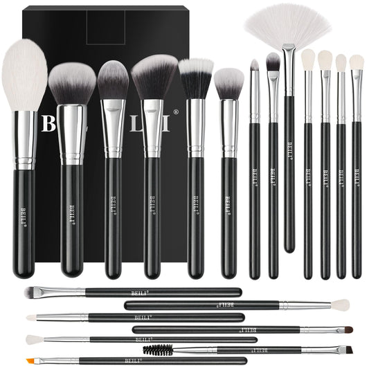 BEILI Makeup Brushes 20pcs Makeup Brush Set Premium Synthetic Kabuki Foundation Face Powder Fan Contour Concealer Eye Shadows Eyebrow Eyeliner Make Up Brush Tools Kit(Black)