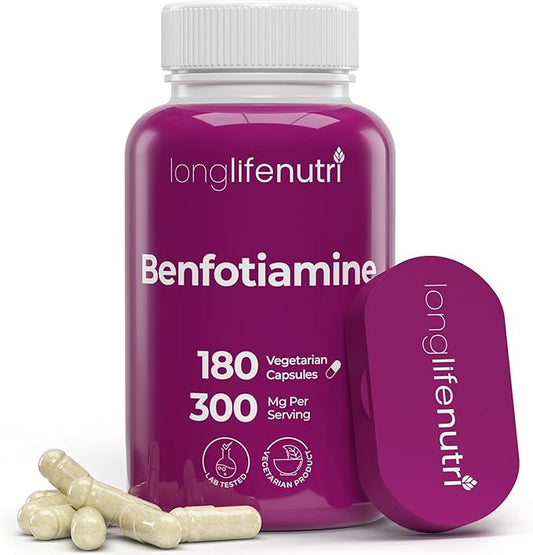 Benfotiamine 300mg – 180 Vegetarian Capsules, 6-Month Supply, Fat-Soluble B1 Thiamine Supplement for Energy and Wellness, Lab Tested, Made in USA