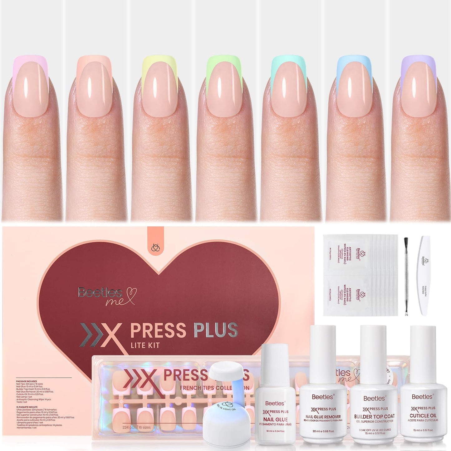 Beetles X Press Plus Lite Kit Pastel Press on Nails 224 pcs Short Square Spring Press on Nails with Nail Glue Builder Top Coat Nail Remover 16 Sizes Squoval Pastel French Tips for Women