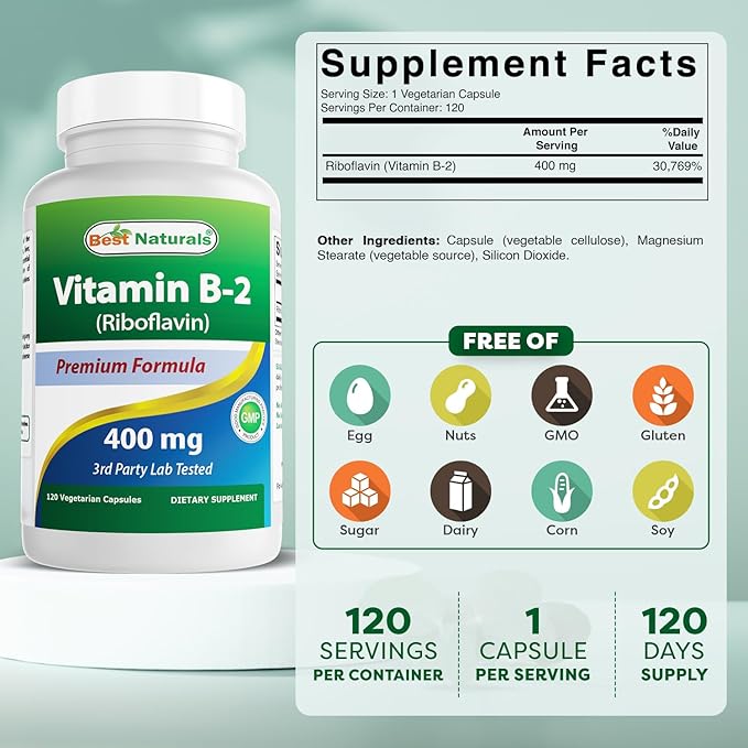 Best Naturals Vitamin B2 (Riboflavin) 400mg - Migraine Relief - Veggie Capsules - Conezyme Precursor - 120 Count (120 Count (Pack of 2))