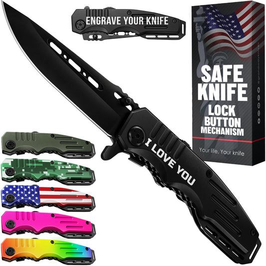Grand Way Pocket Knife I LOVE YOU - Folding Knife with Engraved Aluminum Handle - 3.42β Blade Cool Knives for Dad Husband Boyfriend - Ideal Father's Day Present - Best Gift for Him & Her 6681 ILY