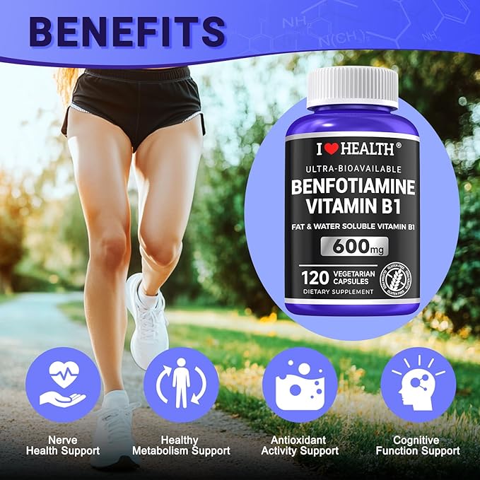 Benfotiamine 600mg Plus 20mg Vitamin B1 | 120 Veggie Capsules | Made in USA | 3rd Party Tested | Fat Soluble Essential Vitamin B1 Thiamine Supplement | Non-GMO | Gluten Free-Vegetarian Friendly