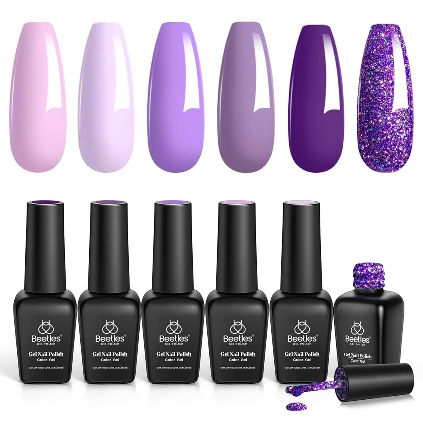 Beetles Purple Gel Nail Polish Set, 6 Colors Spring Pastel Purple Gel Polish Glitter Pink lavender Nail Polish Soak Off U v LED Gel Nail Kit Diy Nail Art Manicure at Home Gifts for Women