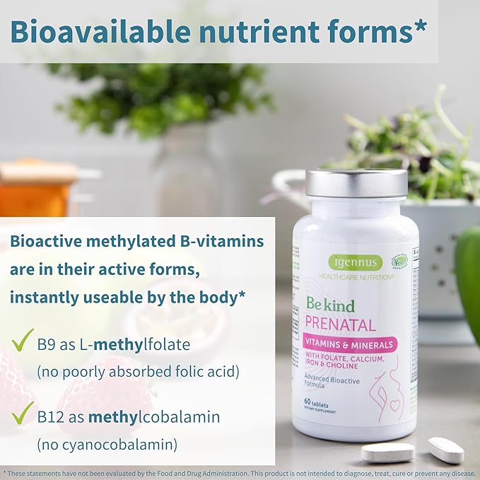 Igennus Methylated Prenatal Multivitamin for Women, Folate for MTHFR, High Absorption, Clean Label, Gentle Iron, Choline, Calcium & Magnesium, Vegan Pregnancy Vitamins, Halal, Non-GMO, 60 Tablets