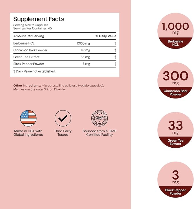Berberine Complex Supplement, with Cinnamon, Green Tea, and Black Pepper 90 Capsules