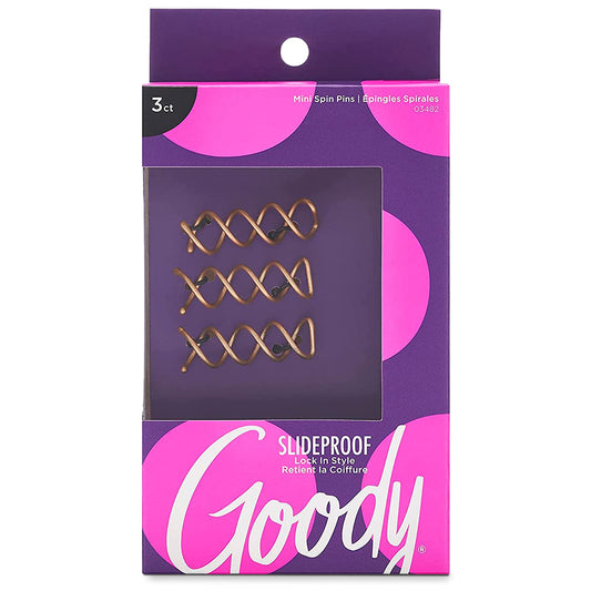 Goody SlideProof Mini Spin Pins - 3 Ct, Assorted Colors, Spiral Hair Pins, Quick & Easy Buns, All-Day Twist Pins, Corkscrew Bobby Pins, Pain-Free Hair Accessories for Women & Men, All Hair Types