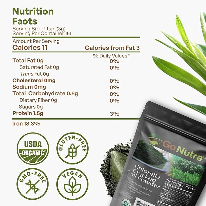 Go Nutra - Chlorella Powder, Pure Greens Powder with Vitamins, Minerals, and Antioxidants, All Natural Greens Superfood Powder, Chlorella Cracked Cell Green Powder, Non-GMO, Vegan 4oz.