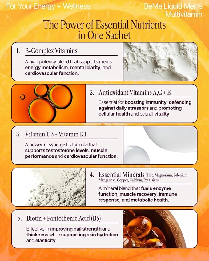 BeMe Liquid Multivitamin for Men - Clinically Tested Mens Multivitamin, 2X Faster Absorption & High Bioavailability - A, B-Complex, C, D, E, K, Calcium, Zinc, Magnesium - Non-GMO, Soy, Dairy Free