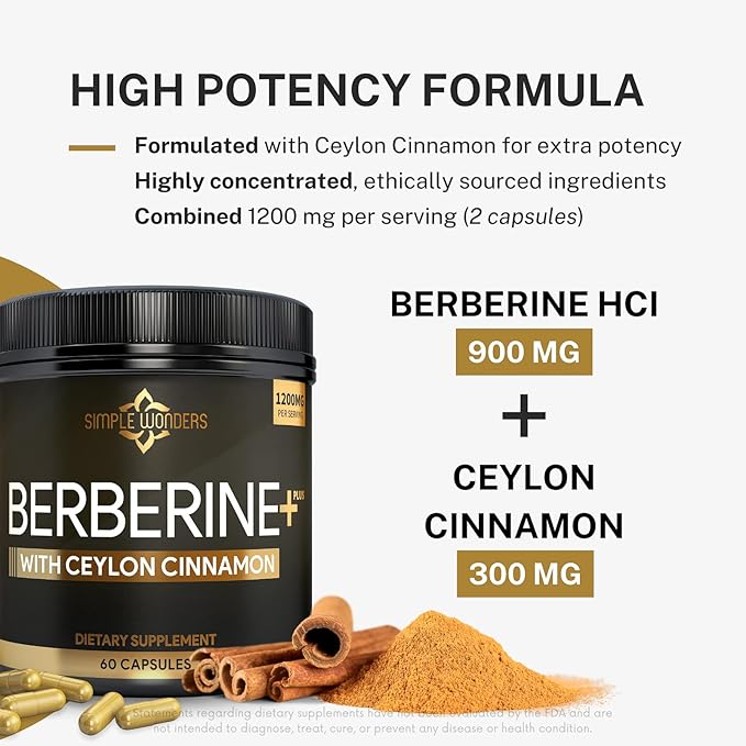 Berberine 1200mg HCL Plus Ceylon Cinnamon Capsules - Metabolic & Immune Support Berberine Supplement, AMPK Metabolic Activator Complex, Cardiovascular Support - Berberine HCL 1200 mg Capsules