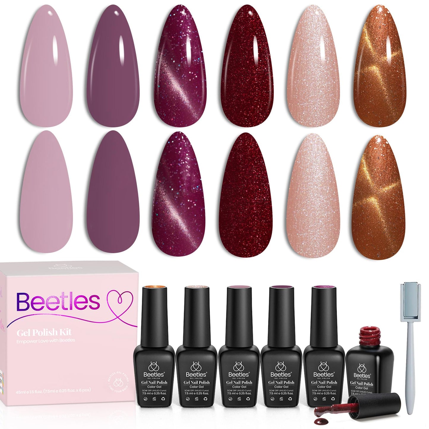 Beetles Cat Eye Gel Nail Polish Set, 6 Colors Purple Glitter Nude Sparkle Stunning Champagne Burgundy Gold lavender Magnetic Effect Nail U v Gel Polish Art Design Gifts for Women