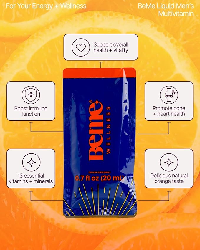 BeMe Liquid Multivitamin for Men - Clinically Tested Mens Multivitamin, 2X Faster Absorption & High Bioavailability - A, B-Complex, C, D, E, K, Calcium, Zinc, Magnesium - Non-GMO, Soy, Dairy Free