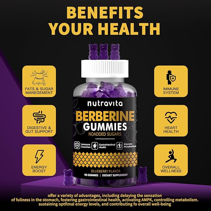 Berberine Gummies with Ceylon Cinnamon 1500mg High Potency Berberine HCL Supplement for Immune and Metabolism Support, Sugar Free Organic Berberine Gummies Blueberry Flavor-1PACK