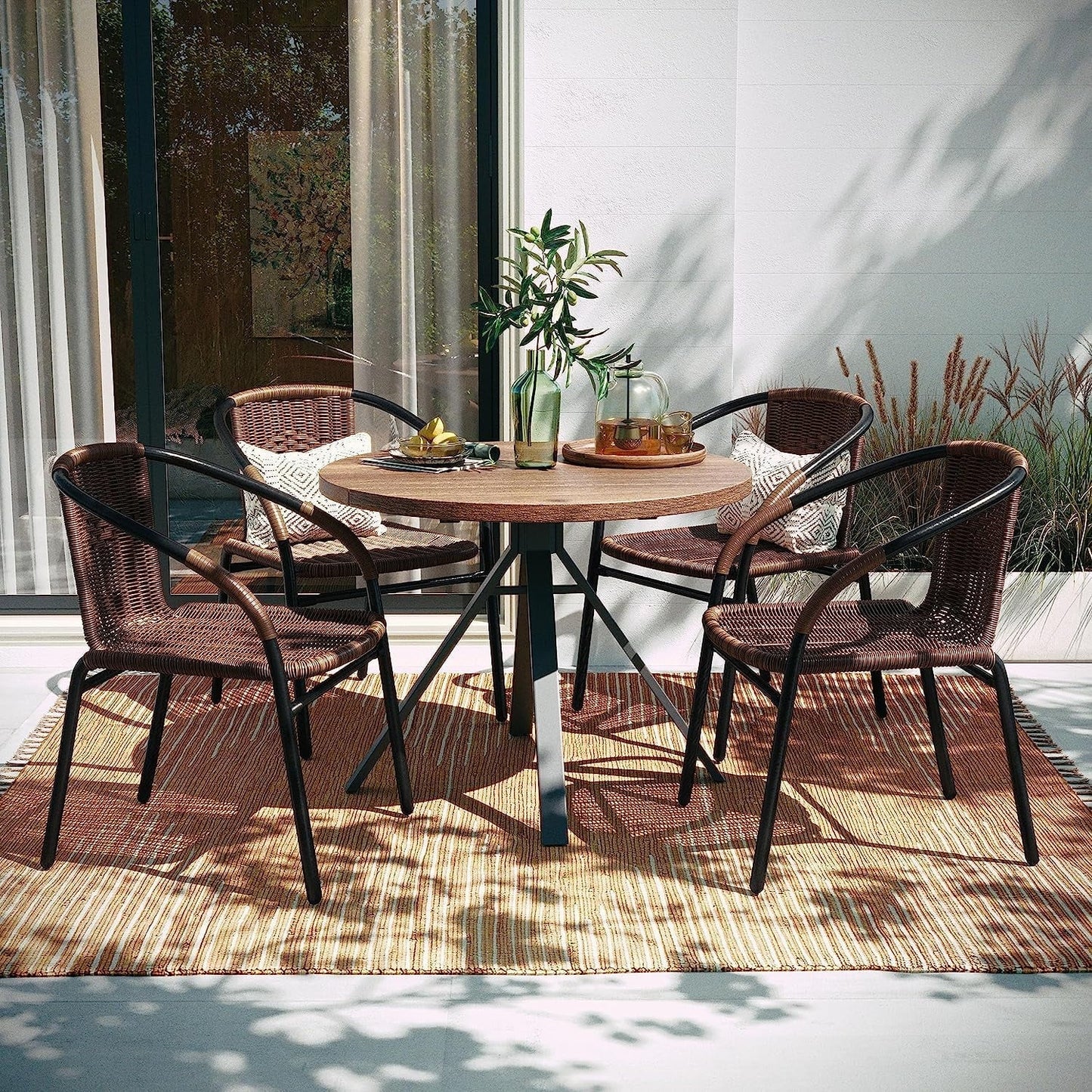 Jumpeak Lila Modern Rattan Indoor/Outdoor Stackable Dining Chairs, Stacking Rattan Bistro Chairs for Patio or Restaurant, Set of 4, Brown