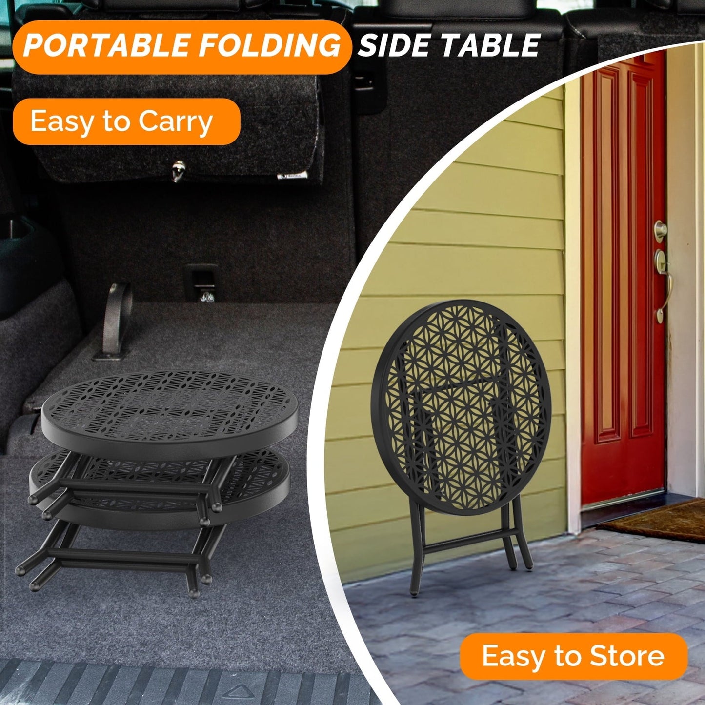 Ktaxon Folding Side Table, Patio Small End Table with X-Shaped, Outdoor Metal Floral Pattern Table for Balcony Porch Backyard Deck, Black