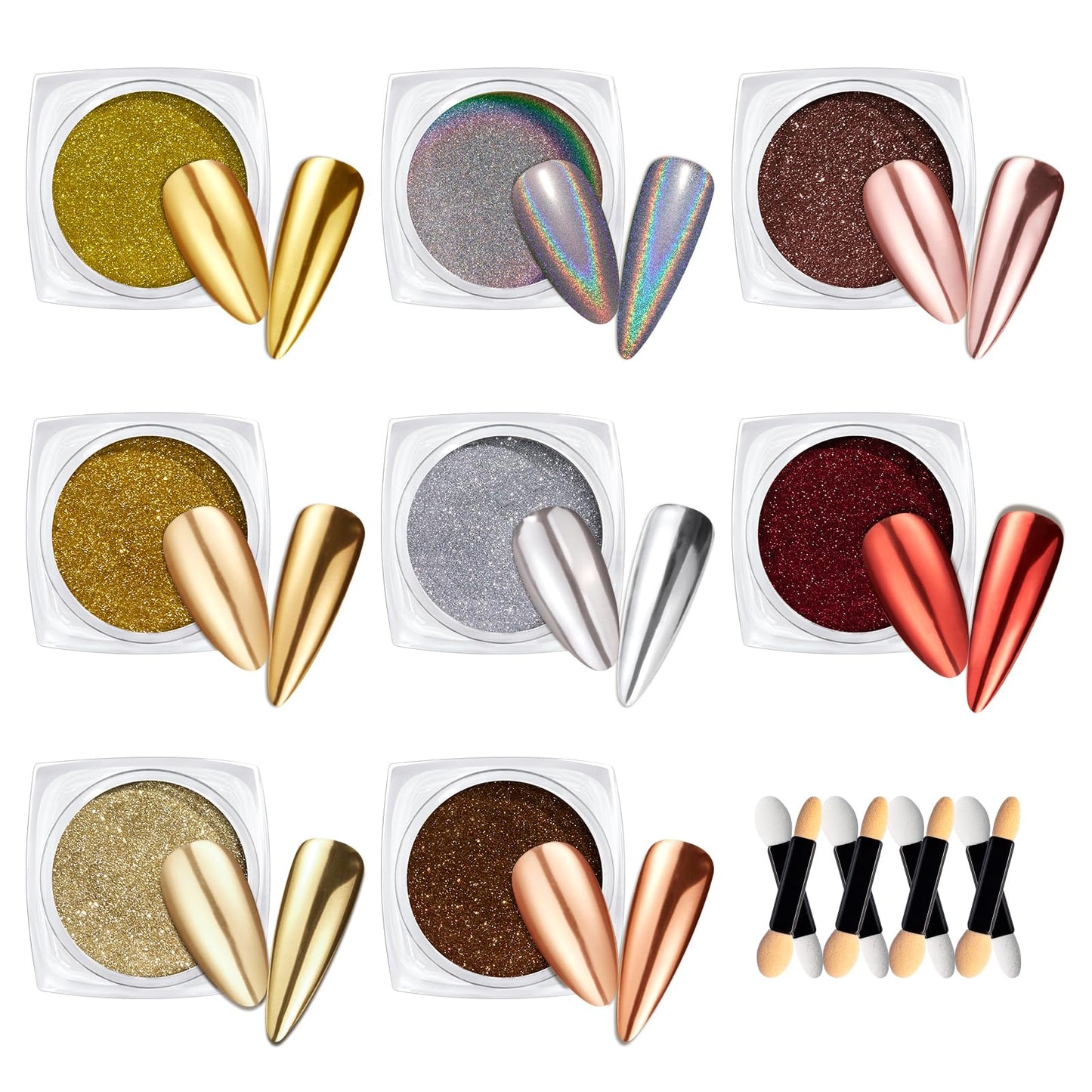 Beetles Gold Chrome Nail Powder Set - 8 Colors Sliver Holographic Mirror Effect Iridescent Golden Red Brown Glitter Metallic Nail Polish Chrome for Nail Art Design