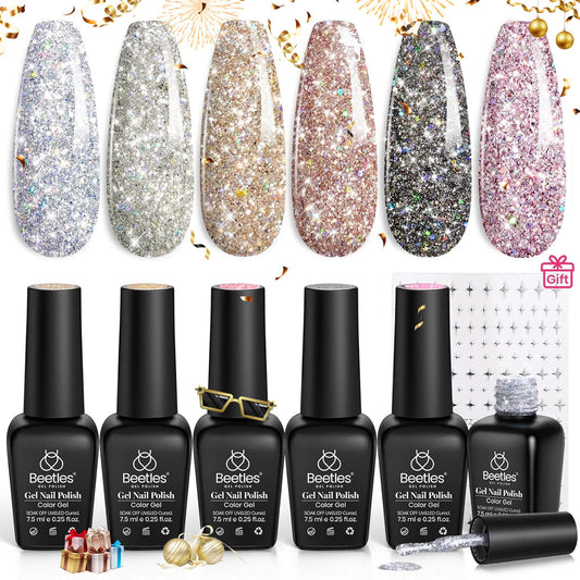 beetles Reflective Glitter Gel Polish 6 Colors Sparkle Gel Nail Polish Set Diamond Shine Silver Black Gold Holographic Glitter Gel with Nail Art Stickers Soak off Uv LED Manicure Gifts for Women