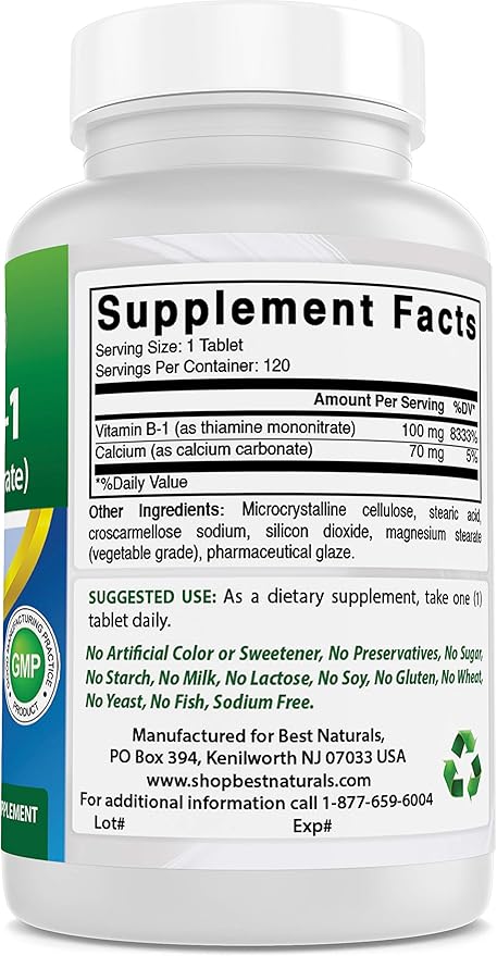 Best Naturals Vitamin B1 as Thiamine Mononitrate 100 mg 120 Tablets (120 Count (Pack of 2))