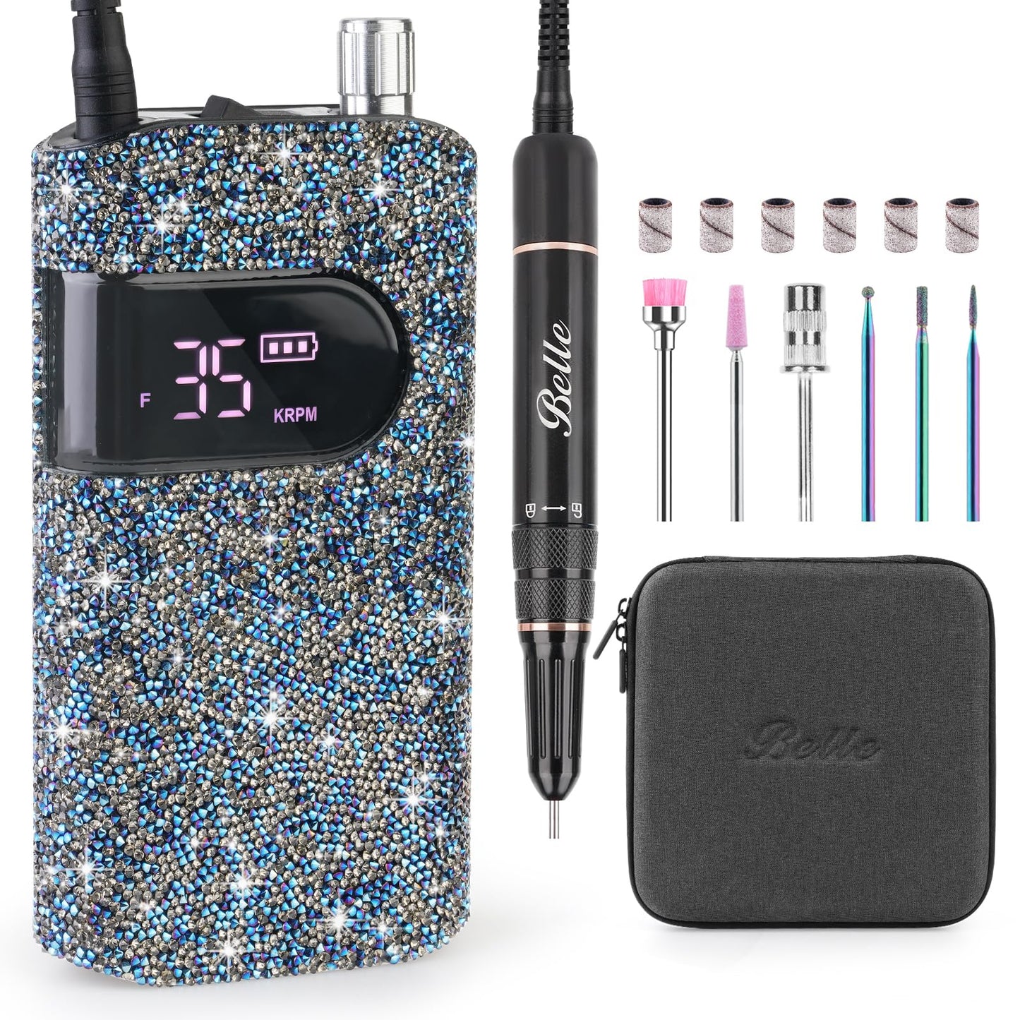 Belle Electric Nail Drill Kit, 35000RPM Professional Cordless Nail Drill Machine with Coreless Motor for Acrylic Gel Nails, Portable Rechargeable Manicure/Pedicure/Polishing Tool, Blue Crystal