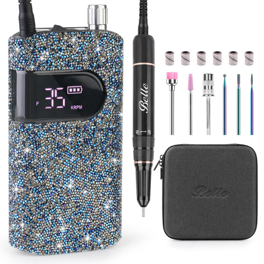 Belle Electric Nail Drill Kit, 35000RPM Professional Cordless Nail Drill Machine with Coreless Motor for Acrylic Gel Nails, Portable Rechargeable Manicure/Pedicure/Polishing Tool, Blue Crystal