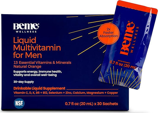 BeMe Liquid Multivitamin for Men - Clinically Tested Mens Multivitamin, 2X Faster Absorption & High Bioavailability - A, B-Complex, C, D, E, K, Calcium, Zinc, Magnesium - Non-GMO, Soy, Dairy Free