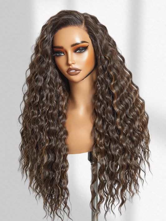 GORGIUS Brown Highlight Ocean Wave Lace Front Wigs Pre Cut Glueless Side Part Closure Wig 28 Inch Synthetic Long Wig