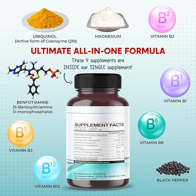 Benfotiamine with Magnesium & Coenzyme Q10 - Supports Nerve Health, Cellular Wellness & Eye Health - Made in The USA- 150 Capsules