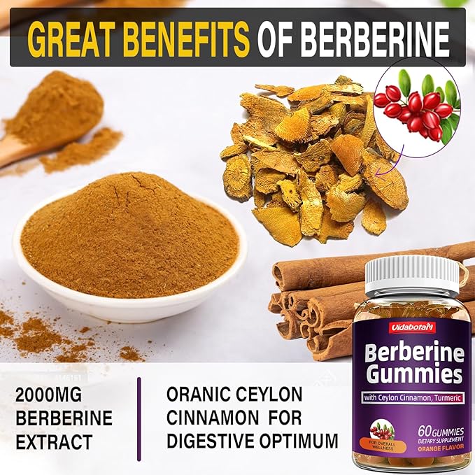 Berberine Gummies with Ceylon Cinnamon, 2000mg Berberine HCI Supplement for Men & Women, Orange Flavored Vegan Sugar Free Gummies (60 Count)(Pack of 1)