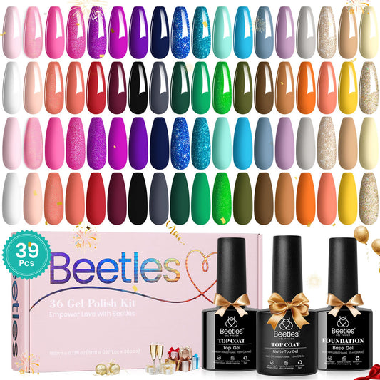 Beetles Gel Nail Polish Set 23Pcs Sparkle Red Pink Glitter Black Gel Polish Kit with 3Pcs Base Top Coat Soak off Uv Gel Polish Manicure Kit Gifts for Women Girls