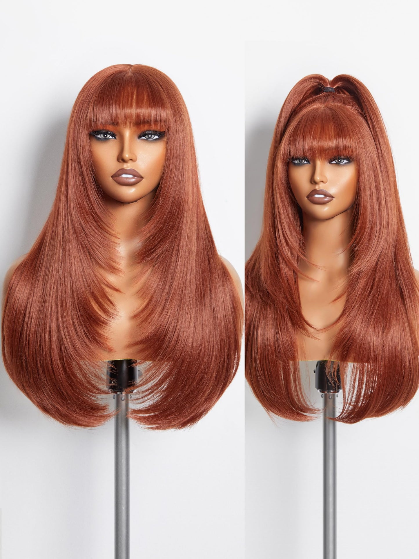 GORGIUS Straight Layered Wigs with Bangs Glueless Ginger Orange Wig 22 Inch Put On Go Wigs Crafted with Style-Archive Premium Fiber Natural Pre-Plucked Hairline