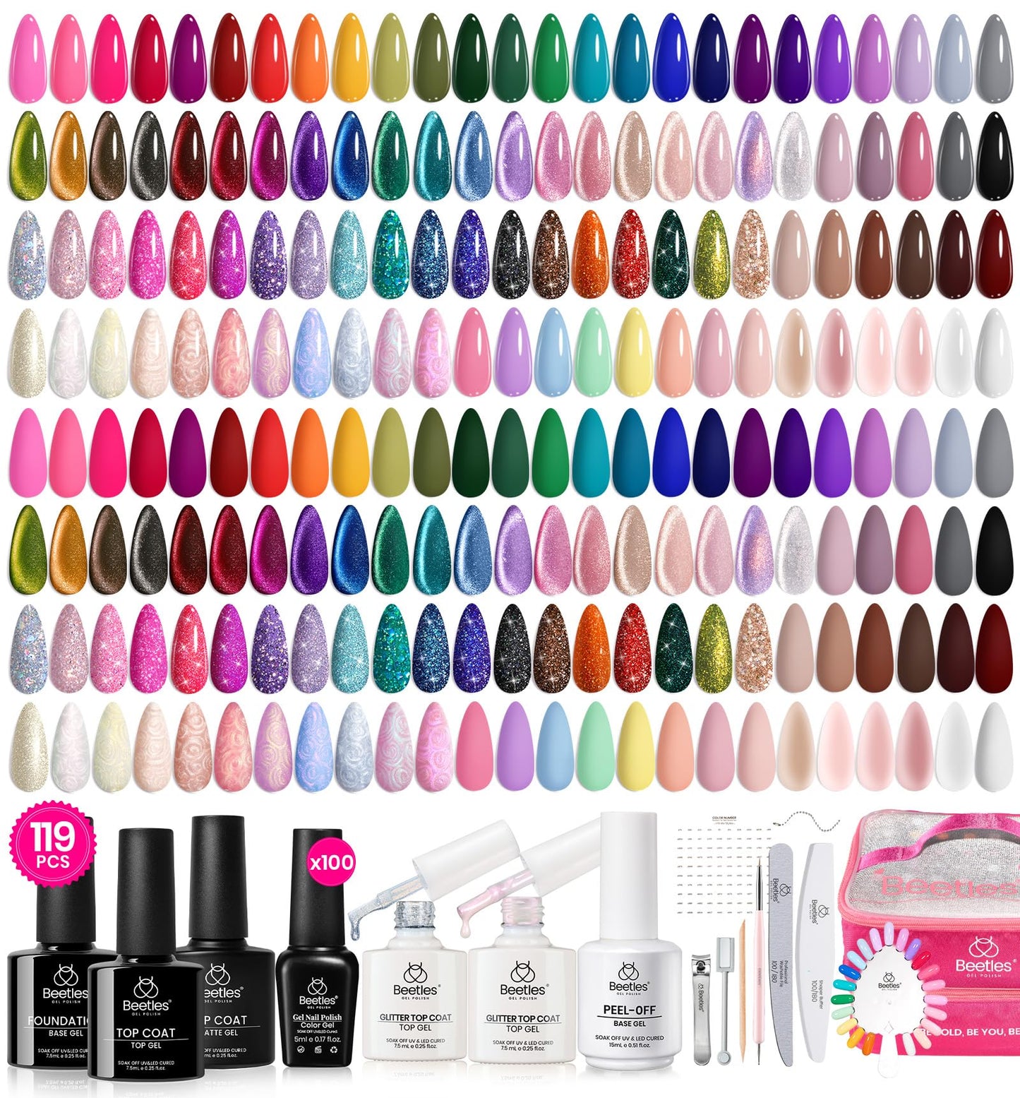Beetles Gel Nail Polish Set, 119 PCS 100 Colors Gel Polish Kit Base Glossy Matte Glitter Top Coat Gel Polish Pastel Glitter Pearl Cat Eye White Red Pink Nude Green Blue Gel Valentines Gift for Women