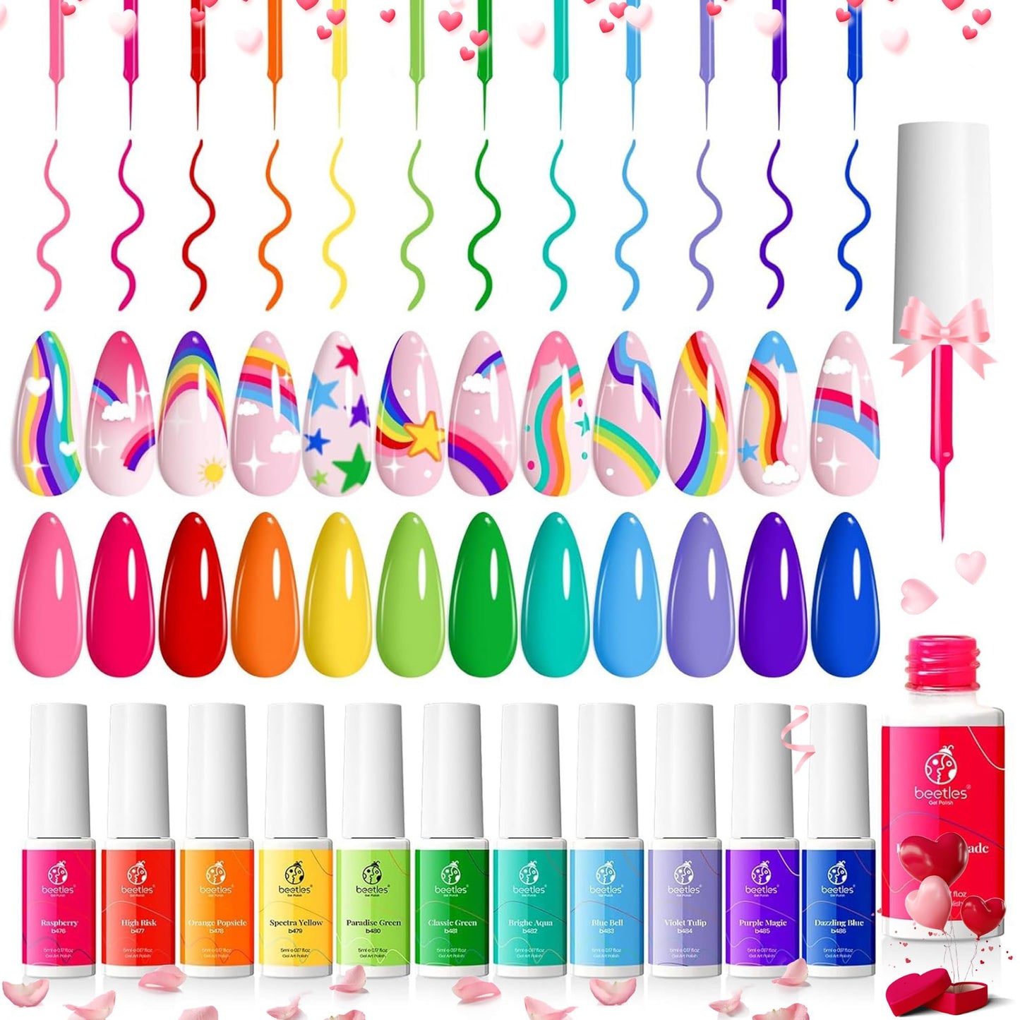 Beetles Gel Polish Rainbow Nail Art Gel Liner Set, 12 Colors Rainbow Neon Gel Nails Polish Set Swirl Nails Built Thin Nail Art Brush in Bottle Soak Off Uv Lamp Manicure Salon Gifts for Women