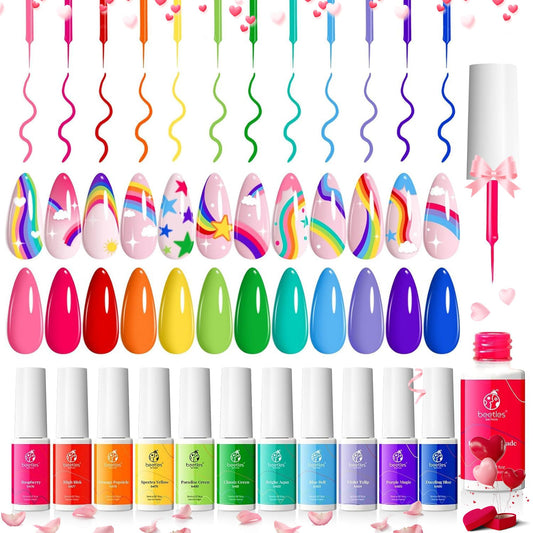 Beetles Gel Polish Rainbow Nail Art Gel Liner Set, 12 Colors Rainbow Neon Gel Nails Polish Set Swirl Nails Built Thin Nail Art Brush in Bottle Soak Off Uv Lamp Manicure Salon Gifts for Women