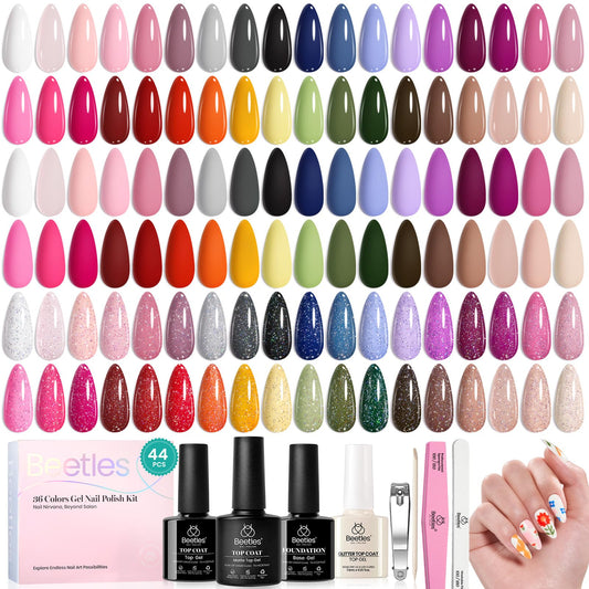 beetles Gel Polish 44 PCS Gel Nail Polish Set-36 Colors Nail Polish Set Base Coat Glossy Matte & Glitter Top Coat Colorful Muse Collection Nude White Pink Red Blue Gel Gift for Women & Girls