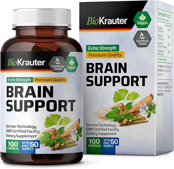 BIO KRAUTER Brain Support Supplement - 100 Count - 1300 mg Blend of Ashwagandha, Panax Ginseng and Ginkgo Biloba - Vegan, No Fillers