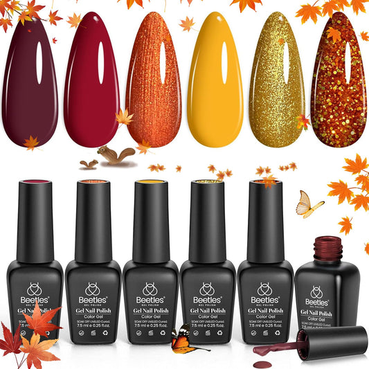 beetles Gel Nail Polish Set 6 Fall Colors Gel Nail Polish Burgundy Yellow Glitter Orange Gold Nail Polish UV LED Nail Lamp Nail Polish Home DIY Manicure Nail Art