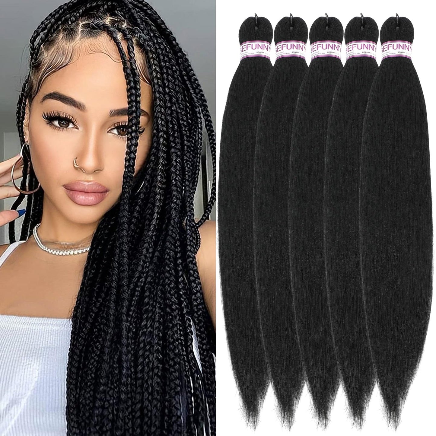 BEFUNNY Pre Stretched Braiding Hair, 5 Packs 24 Inch Professional Black Prestretched Braiding Hair For Women Human Hair Braid,Natural Straight Synthetic Hair Extension,Itch Free(24",5bundles,1B#)
